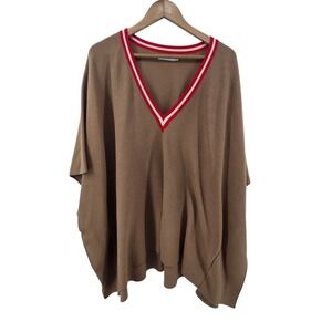 Mersea Poncho Sweater Womens OS Brown Varsity V-Neck Striped Trim Cape Knit